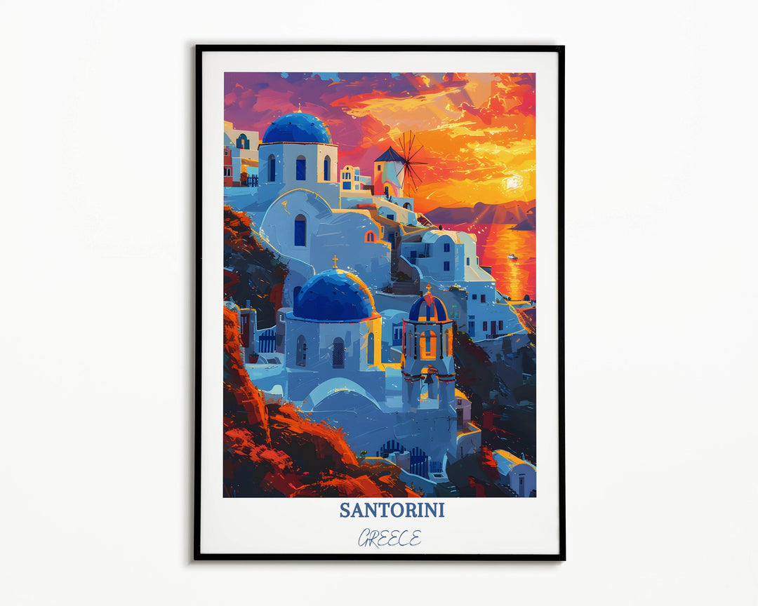 Vibrant Santorini home decor. A picturesque Greece travel print capturing the essence of Santorini&#39;s iconic beauty, perfect for your wall art collection.