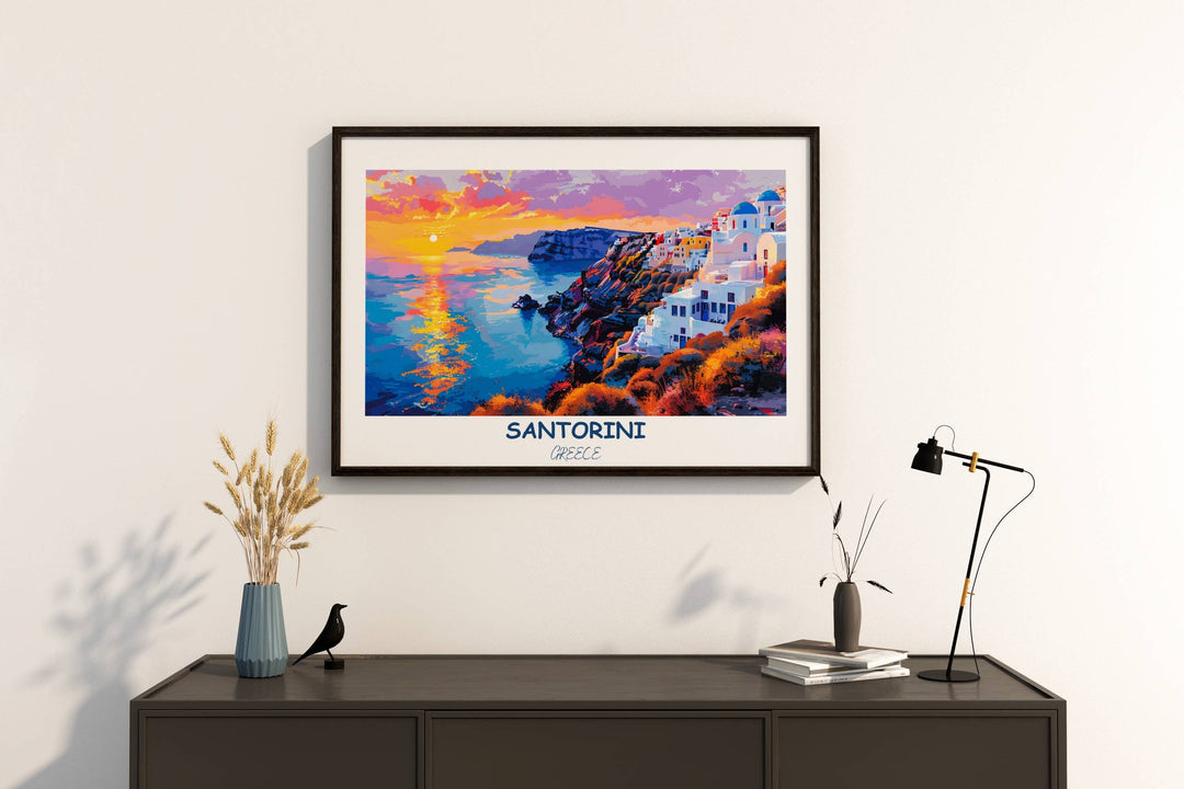 Greece island print transforms your space with the breathtaking beauty of Santorini showcased in this Greek island print.