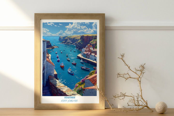 England art capturing the essence of Staithes, a picturesque fishing village known for its timeless charm and stunning coastal views.