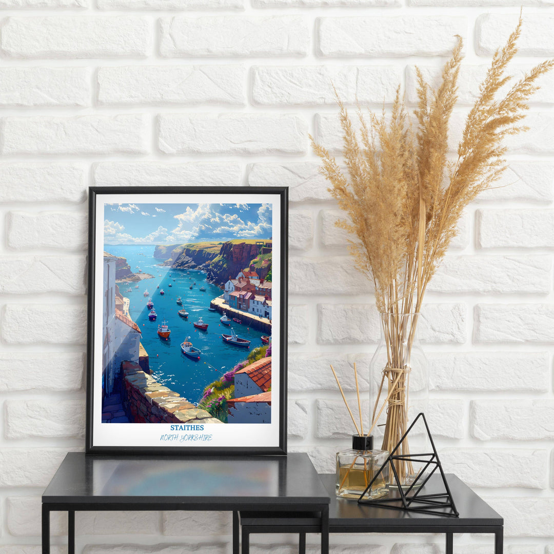 Staithes travel poster showcasing the quintessential English seaside experience, with its vibrant harbor and captivating coastal landscape.