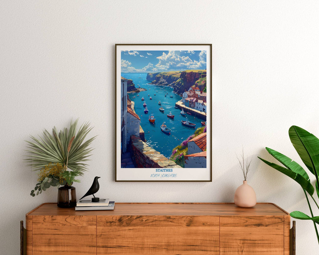 Staithes travel poster showcasing the quintessential English seaside experience, with its vibrant harbor and captivating coastal landscape.