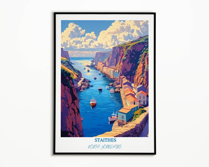 A picturesque England print showcasing Staithes, a charming coastal village in North Yorkshire, with colorful fishing boats in the harbor.