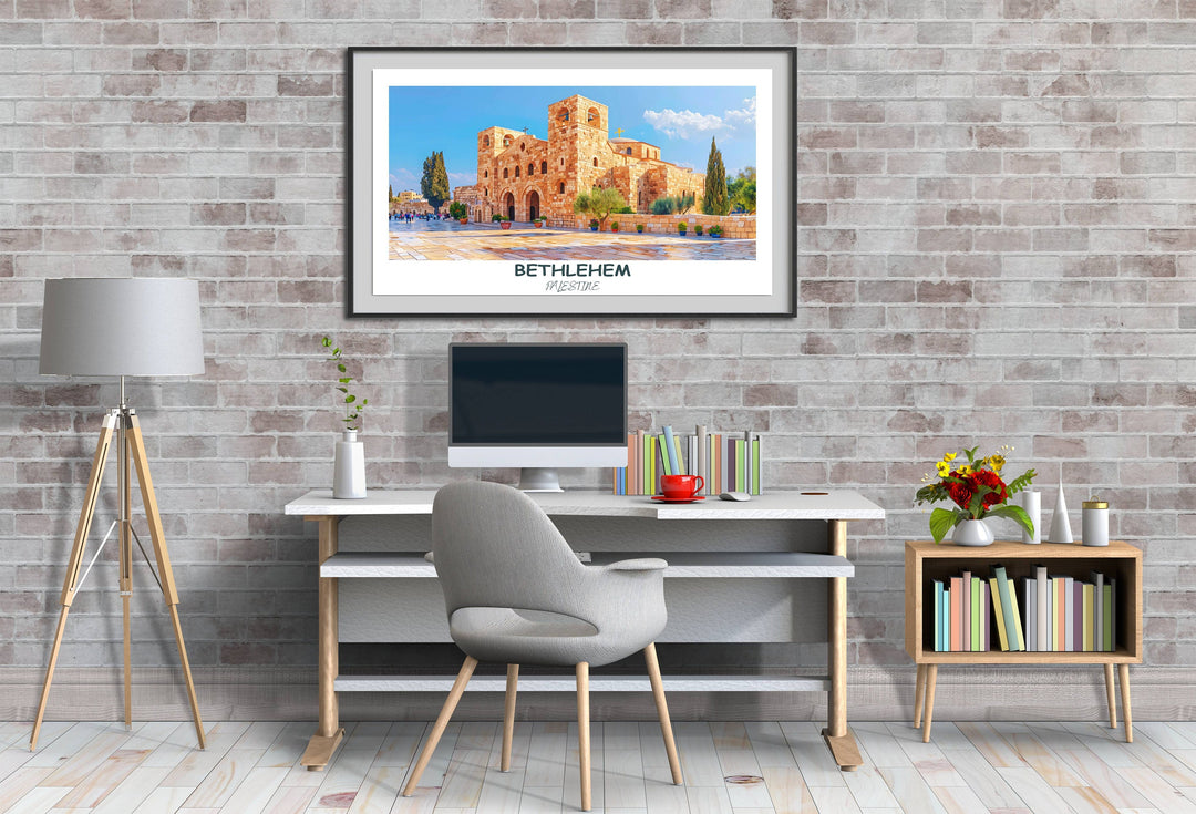Inspiring Palestine art depicting the beauty of the Middle East, including Bethlehem Church of the Nativity. A stunning addition to any home, offering a glimpse into Palestinian culture