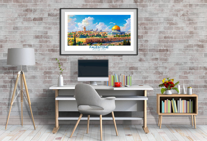 Detailed Palestine poster showcasing the diverse landscapes of the Middle East, including landmarks like DOME of the ROCK. Perfect for sparking conversations and inspiring wanderlust