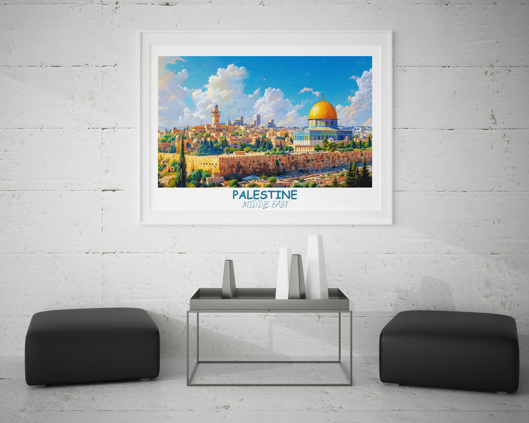 Detailed Palestine poster showcasing the diverse landscapes of the Middle East, including landmarks like DOME of the ROCK. Perfect for sparking conversations and inspiring wanderlust