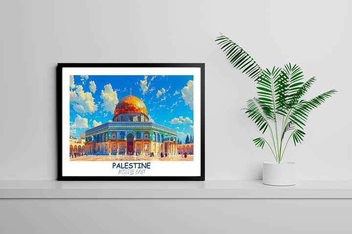 Timeless Palestine artwork celebrating the history and culture of the Middle East, with notable features like Dome of the ROCK. Perfect for those with an appreciation for art and heritage.