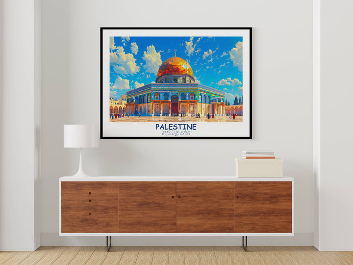 Timeless Palestine artwork celebrating the history and culture of the Middle East, with notable features like Dome of the ROCK. Perfect for those with an appreciation for art and heritage.