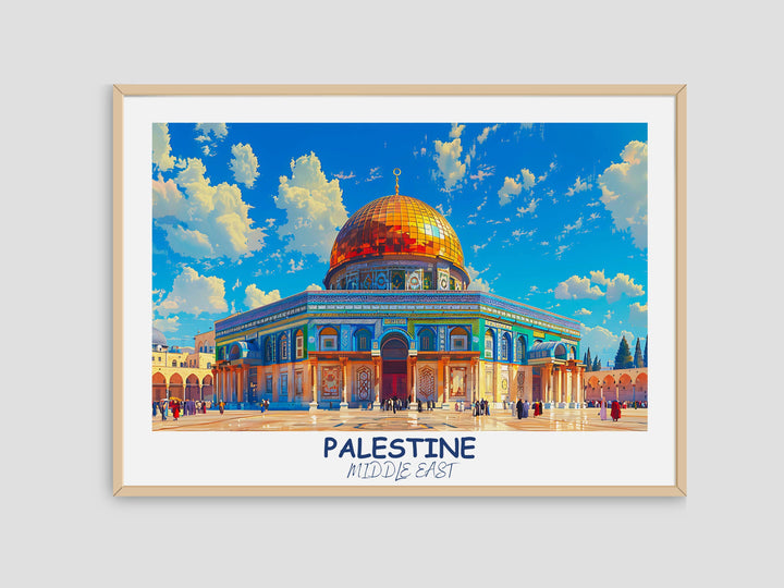 Timeless Palestine artwork celebrating the history and culture of the Middle East, with notable features like Dome of the ROCK. Perfect for those with an appreciation for art and heritage.