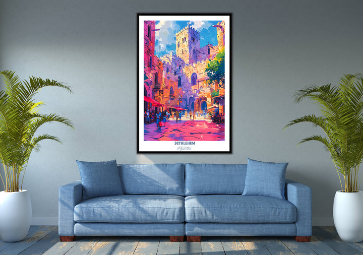 Charming Palestine print capturing the allure of the Middle East, including iconic landmarks like Bethlehem Church of the Nativity. Enhance your decor with this unique piece of Palestinian art