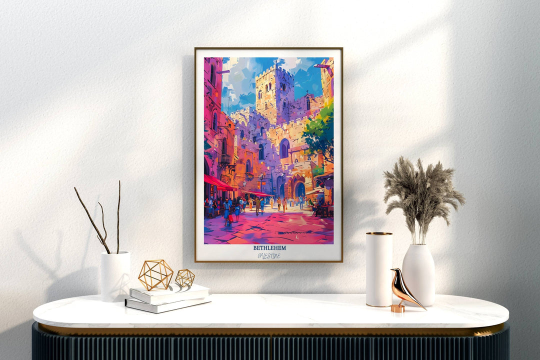 Intricate Middle East print highlighting the beauty of Palestine, featuring Bethlehem Church of the Nativity. Perfect for travelers or anyone fascinated by the regions culture