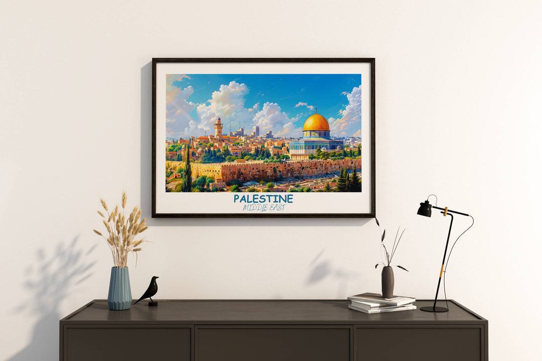 Detailed Palestine poster showcasing the diverse landscapes of the Middle East, including landmarks like DOME of the ROCK. Perfect for sparking conversations and inspiring wanderlust
