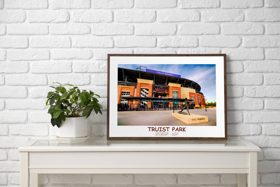 Braves Ballpark Print: Truist Park artwork celebrates the spirit of baseball. Ideal for fans and as a memorable housewarming present.