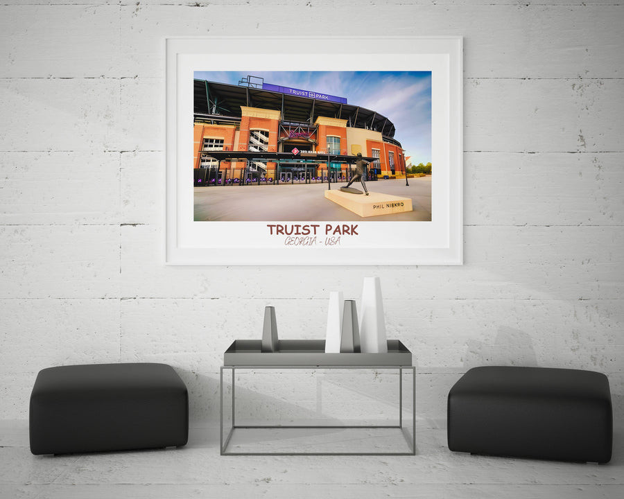 Braves Ballpark Print: Truist Park artwork celebrates the spirit of baseball. Ideal for fans and as a memorable housewarming present.