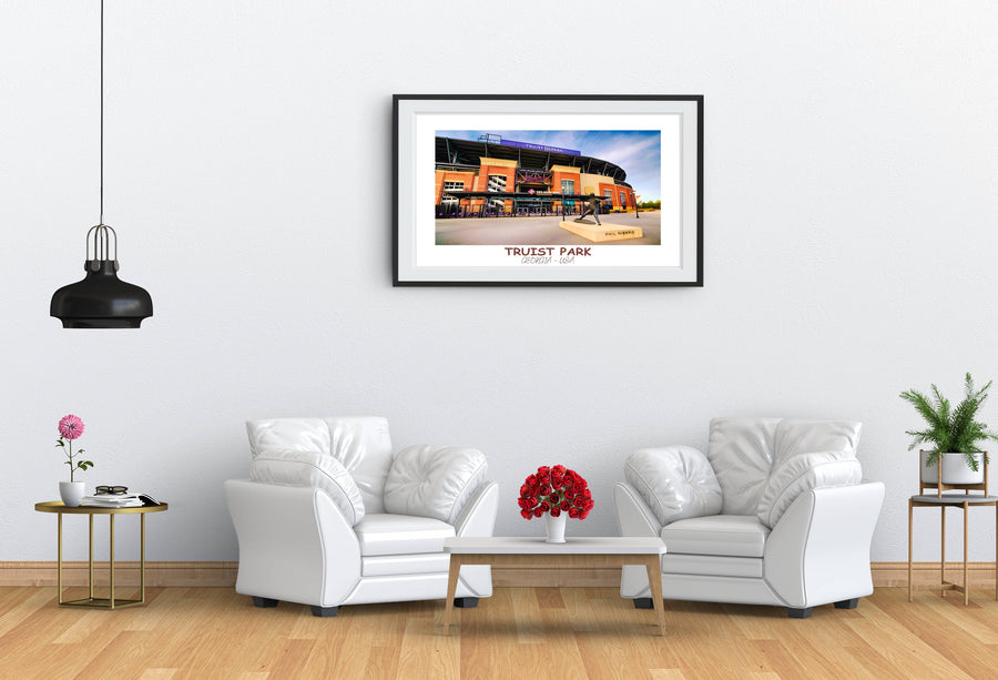Braves Ballpark Print: Truist Park artwork celebrates the spirit of baseball. Ideal for fans and as a memorable housewarming present.