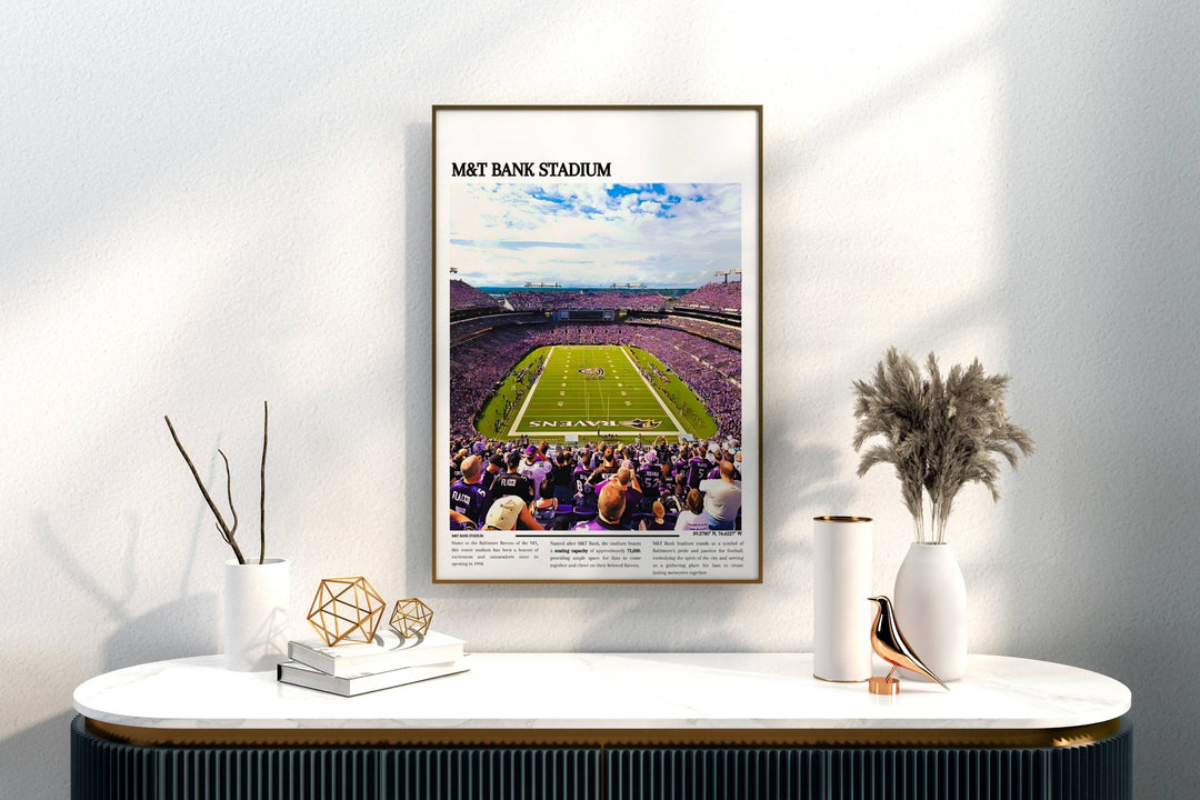NFL Memorabilia: M&T Bank Stadium poster, a must-have for Baltimore Ravens fans. Elevate your space with NFL stadium art.