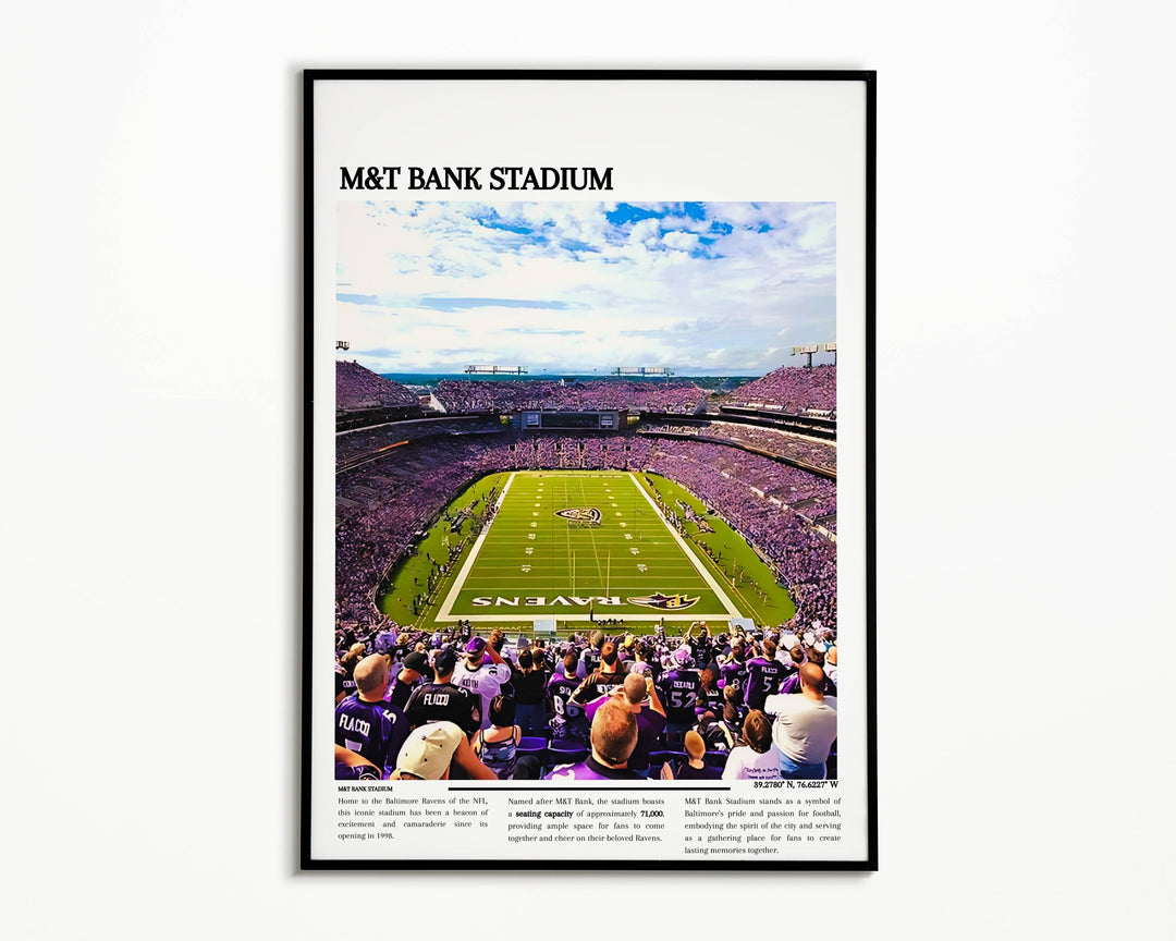 M&T Bank Stadium Print: Capture the energy of Baltimore Ravens football. Ideal décor for NFL enthusiasts and as a unique housewarming gift.
