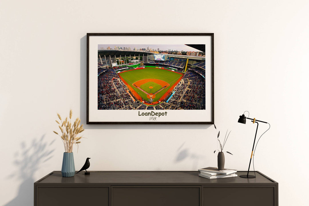 Immerse yourself in the beauty of ballpark art with this striking print of LoanDepot Park. Whether you&#39;re a die-hard Marlins fan or an art aficionado, this piece is sure to elevate your space with its dynamic energy and vibrant colors.