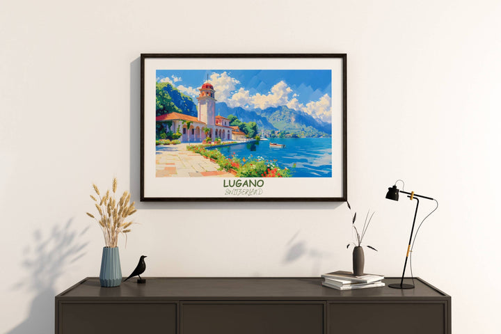 Elevate your space with Lugano Wall Art, a captivating Switzerland Travel Art that showcases the charm of Switzerland