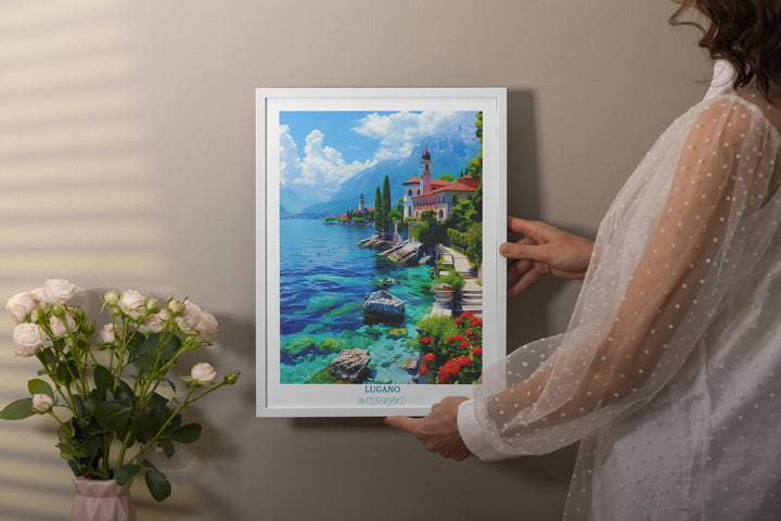 a woman is holding a picture of a beautiful island