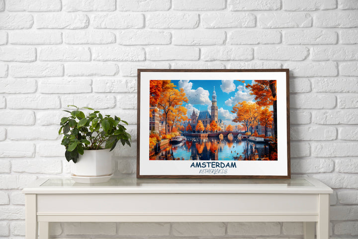 a picture of an autumn scene with a river and a church