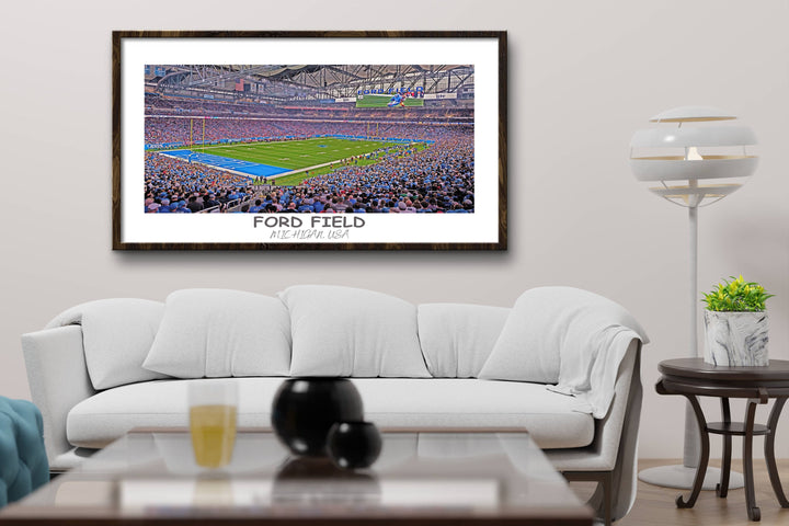 A striking Ford Field print, set against a backdrop of Lions-themed merchandise, capturing the essence of game day excitement.