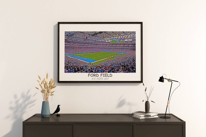 A close-up of Ford Field, the iconic football stadium of the Detroit Lions, with a selection of Lions gifts and memorabilia in the foreground.