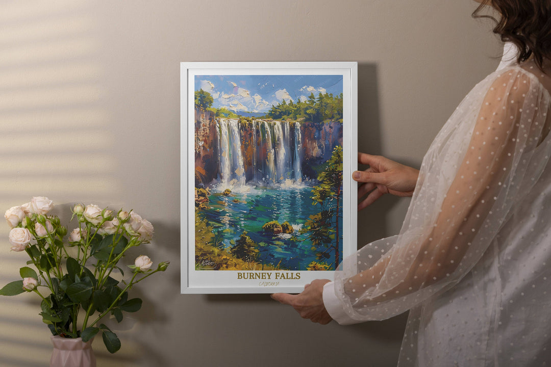 An enchanting print of Burney Falls, evoking the peaceful ambiance of Californias wilderness, making it a great addition to any art collection.