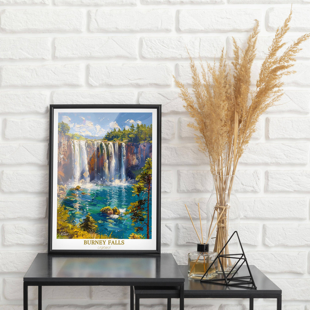 An enchanting print of Burney Falls, evoking the peaceful ambiance of Californias wilderness, making it a great addition to any art collection.