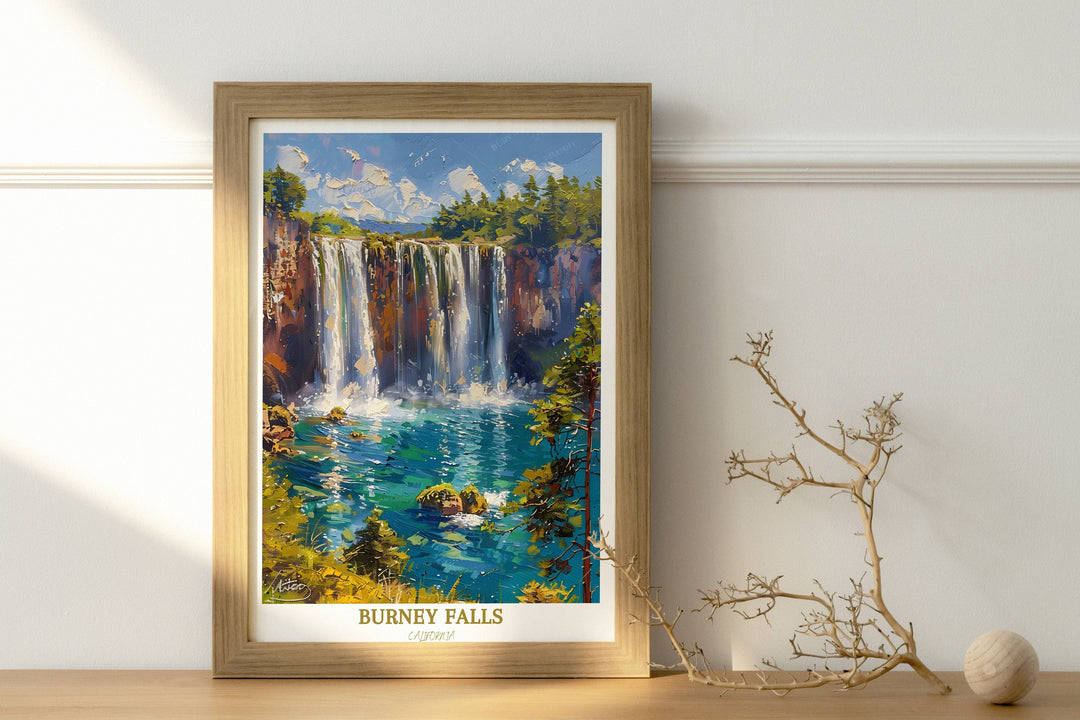 An enchanting print of Burney Falls, evoking the peaceful ambiance of Californias wilderness, making it a great addition to any art collection.