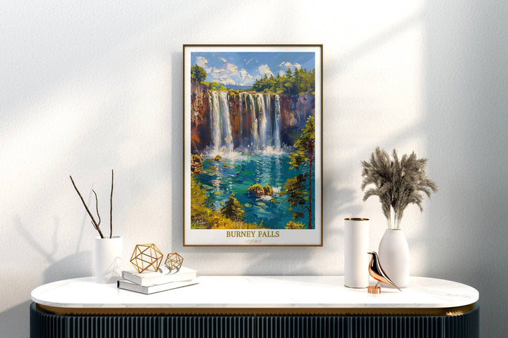 An enchanting print of Burney Falls, evoking the peaceful ambiance of Californias wilderness, making it a great addition to any art collection.
