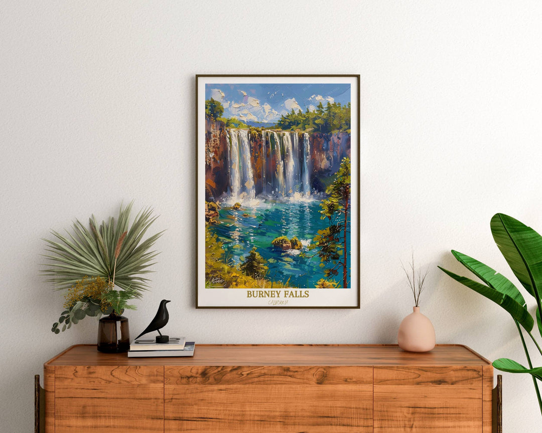 An enchanting print of Burney Falls, evoking the peaceful ambiance of Californias wilderness, making it a great addition to any art collection.