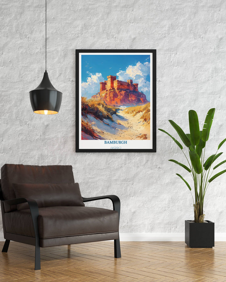 Transform your space with the picturesque charm of Bamburgh, England depicted in this captivating print, an ideal addition to any UK art collection.