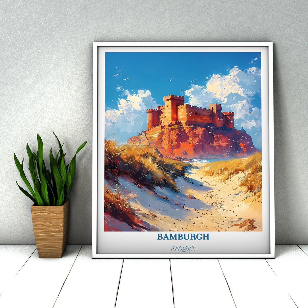 Transform your space with the picturesque charm of Bamburgh, England depicted in this captivating print, an ideal addition to any UK art collection.