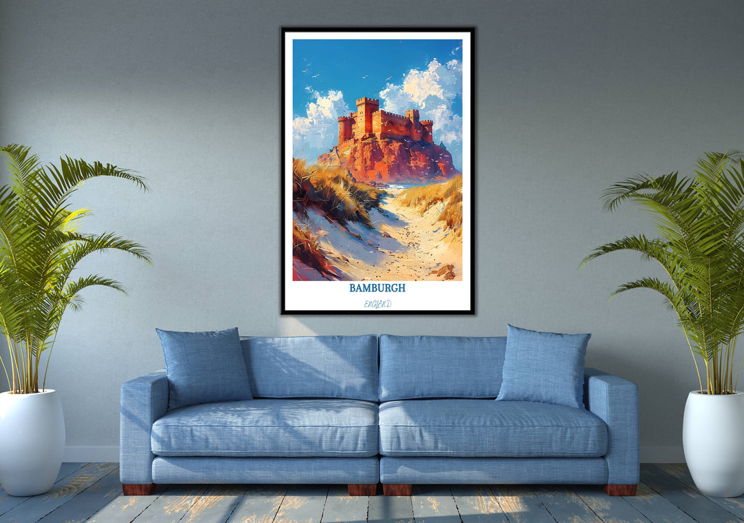 Immerse yourself in the scenic beauty of Bamburgh, England with this captivating wall art, a stunning portrayal of UK landscapes and travel memories.