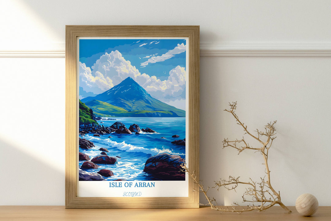 Enrich your surroundings with the timeless charm of the Isle of Arran. This art piece is a perfect addition to any UK wall, evoking the spirit of Scotland.