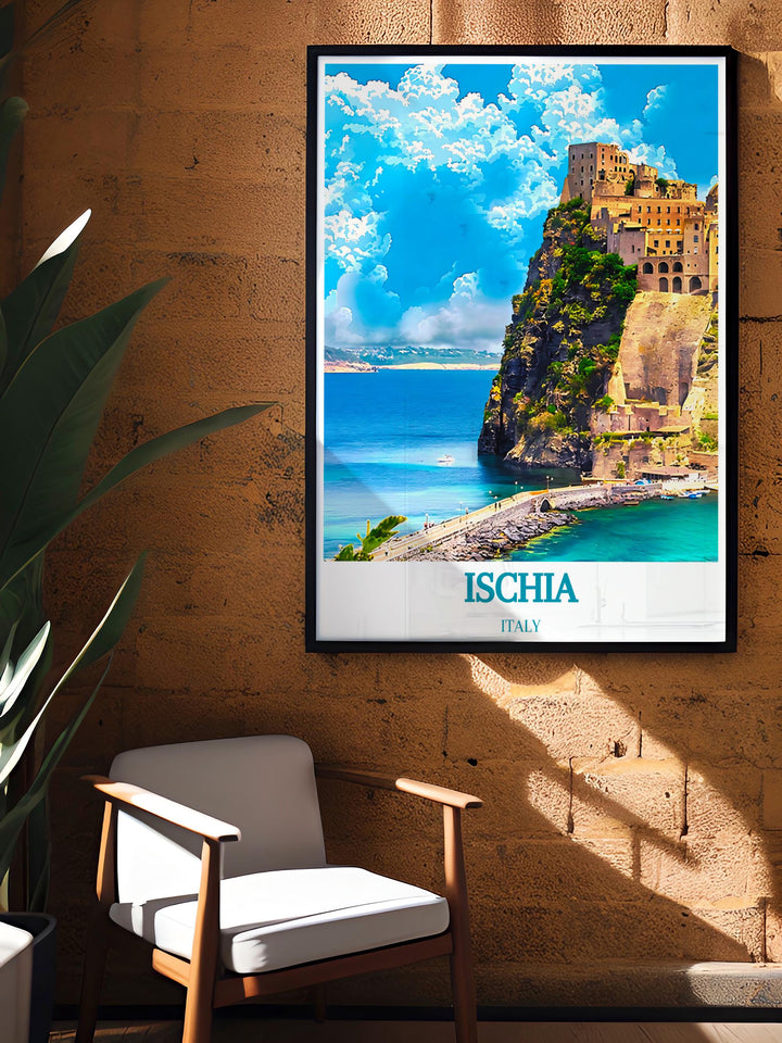 Travel poster capturing the essence of Ischias cultural festivals with vibrant artwork perfect for living room or hallway