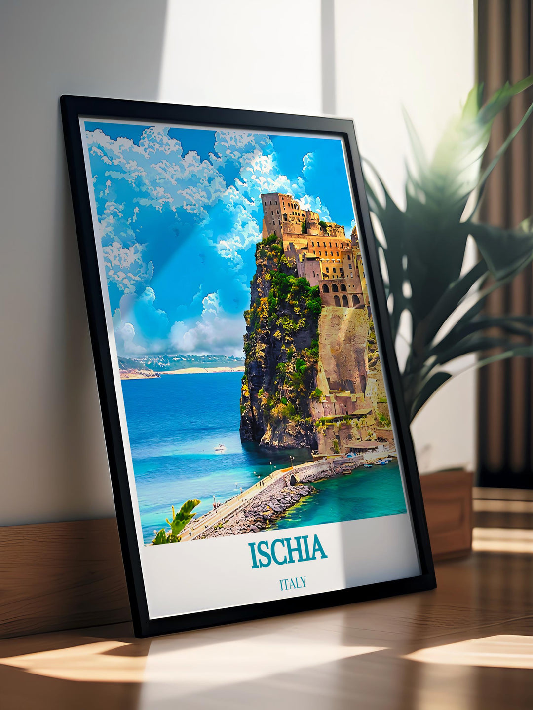 Ischia art print featuring a detailed map of the island with highlighted landmarks ideal for gift giving to travel lovers