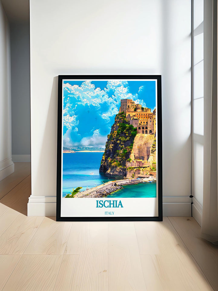 Fine art print capturing the vibrant streets of Ischia with colorful buildings and lively atmosphere perfect for modern home decor