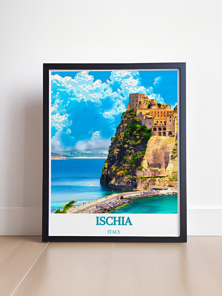 Home decor featuring the historic Aragonese Castle on Ischia surrounded by deep blue sea and lush greenery ideal for adding a touch of history