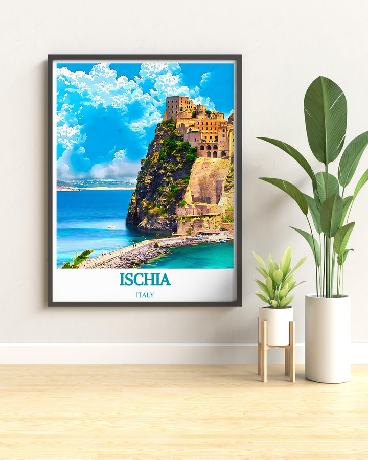 Ischia canvas art showcasing the panoramic views of the islands rugged coastline and turquoise waters perfect for any living space
