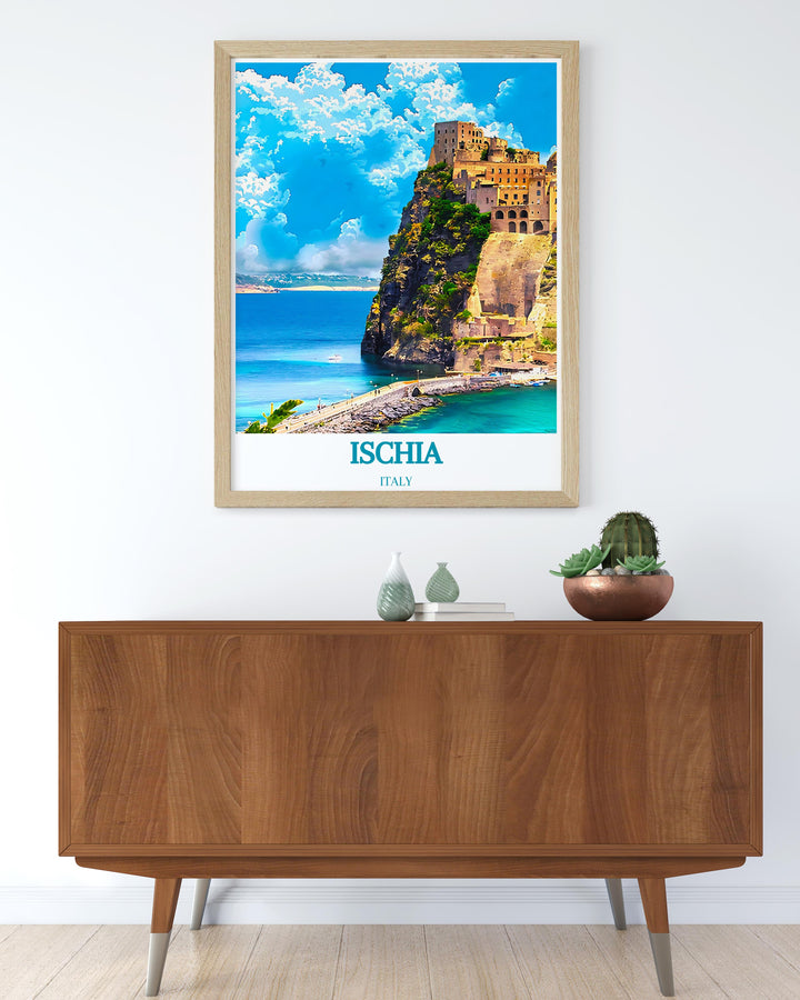 Travel poster of Ischia illustrating the serene beauty of its thermal spas and gardens ideal for travel enthusiasts