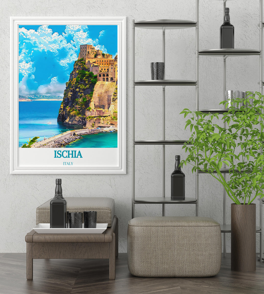 Wall art of Ischias bustling piazzas with vibrant cafe scenes perfect for creating a lively atmosphere in dining areas