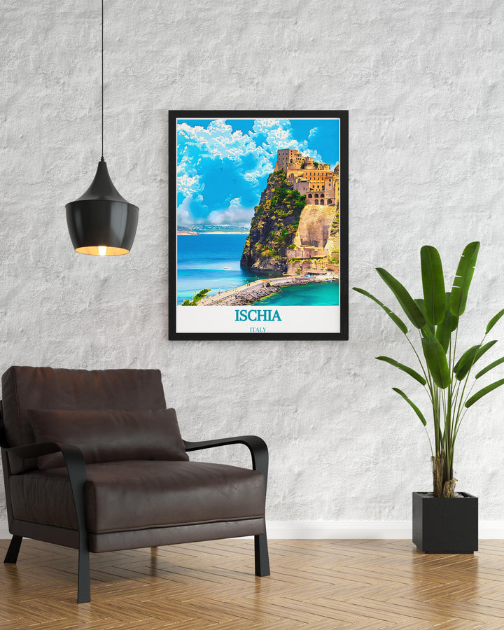 Aragonese Castle print depicting the majestic fortress at sunset with soft light casting over ancient stones perfect for office decor