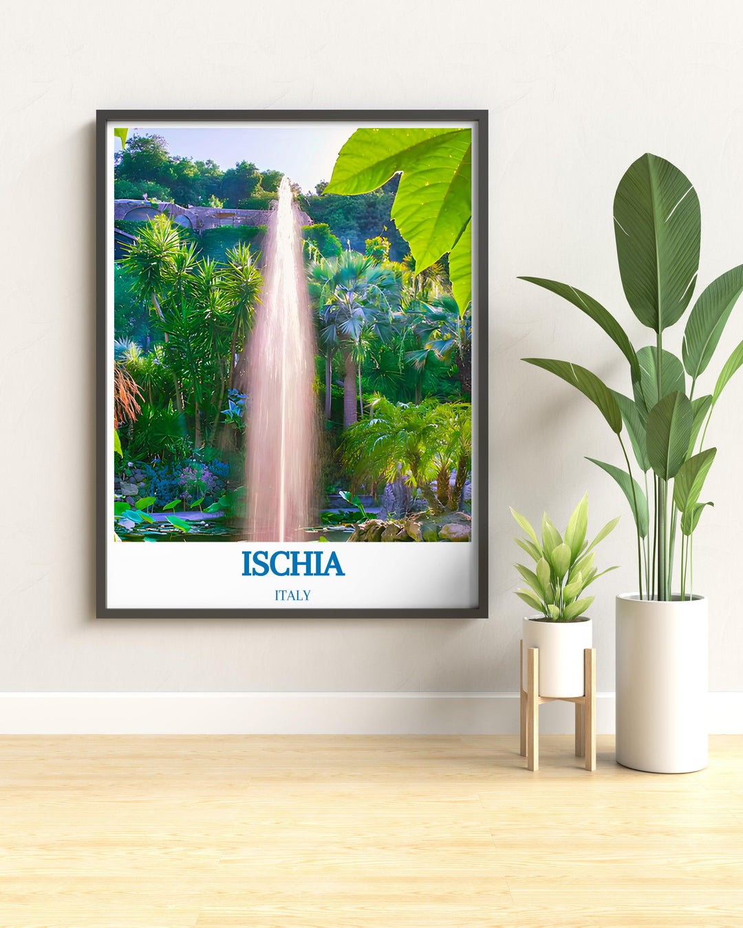 Vintage poster of Ischia with artistic renderings of historic sites perfect for collectors of Italian art