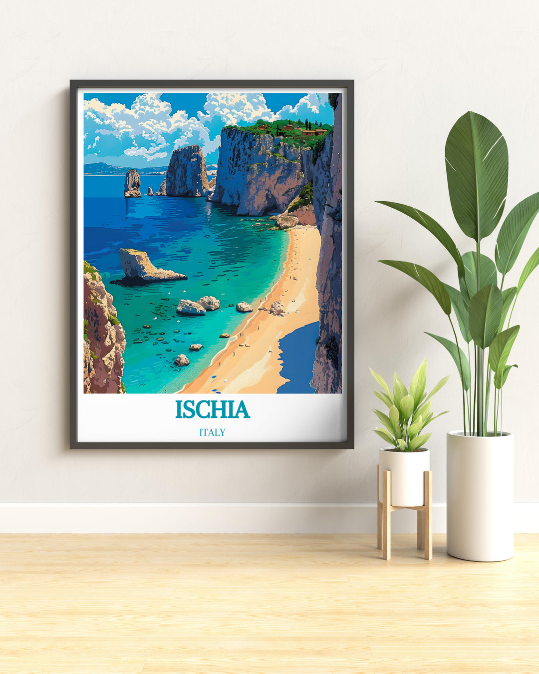 Art print featuring a detailed map of Ischia highlighting main attractions and streets perfect for travel enthusiasts
