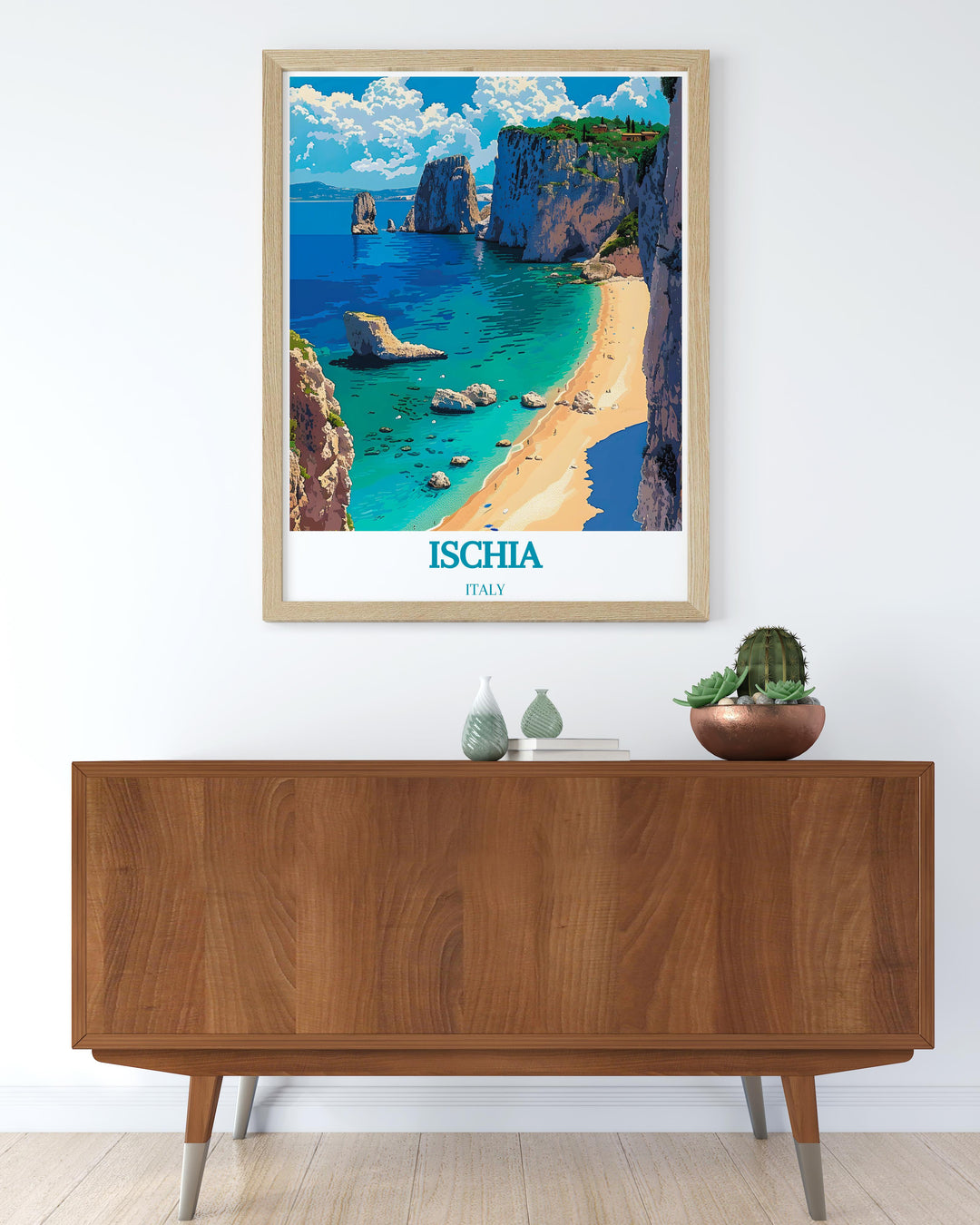 Poster of Ischias iconic landscapes with clear blue waters and lush greenery ideal for adding a touch of nature to any room