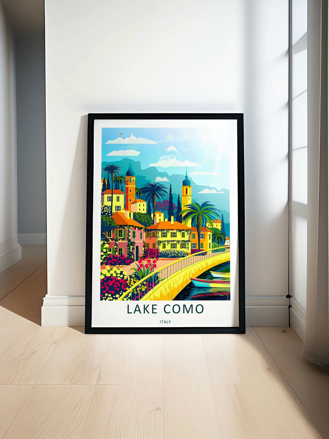 Graphic art print of a serene Lake Como promenade during peak daylight, making an ideal holiday gift for world travelers.