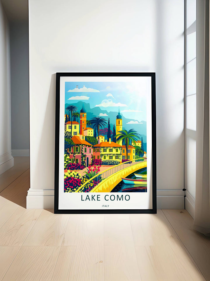 Graphic art print of a serene Lake Como promenade during peak daylight, making an ideal holiday gift for world travelers.