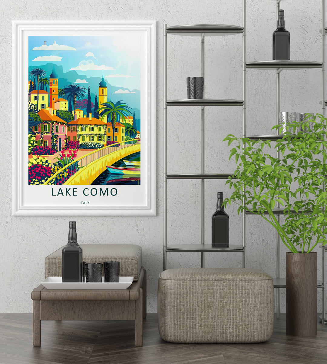 Vertical Lake Como landscape illustration capturing a yellow stone promenade path next to deep blue water with floating boats.