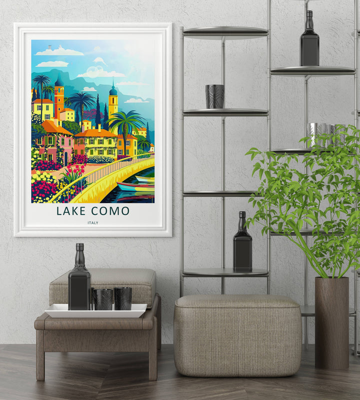 Vertical Lake Como landscape illustration capturing a yellow stone promenade path next to deep blue water with floating boats.